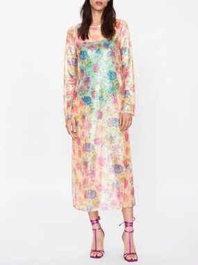 Zara Multicolor Floral Sequin Long Sleeve Sheer Midi Dress